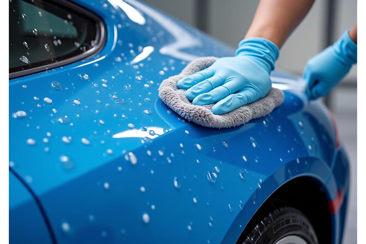 Lavado exterior profesional de un coche deportivo azul.